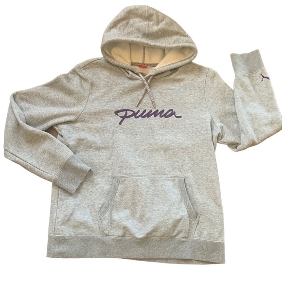 Puma Light Gray Hoodie Sweatshirt Purple Logo Size XL‎ Junior - Picture 1 of 6